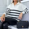Cream And Black Zip Front Striped Knitted Jumper
