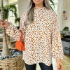 Cream And Brown Print Ruffle Neck Top