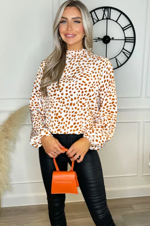 Cream And Brown Print Ruffle Neck Top