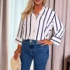 Cream And Navy Striped 3/4 Sleeve Shirt