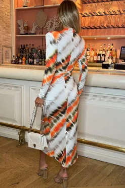 Cream And Orange Abstract Print Long Sleeve Wrap Midi Dress