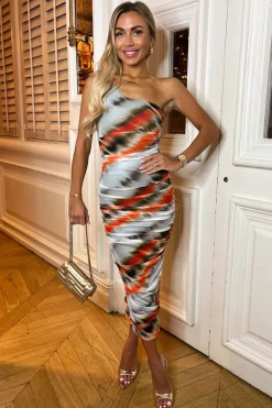 Cream And Orange Printed Mesh One Shoulder Bodycon Midi Dress