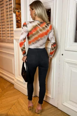 Cream And Orange Printed Mesh Long Sleeve Bodysuit