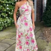 Cream and Pink Floral Print One Shoulder Pleated Satin Midi Dress