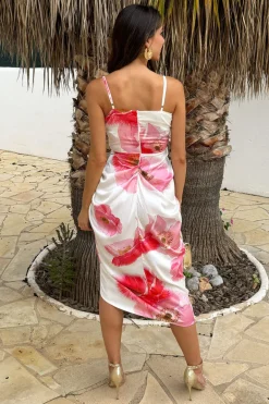 Cream And Pink Floral Print Strappy Wrap Top Gathered Skirt Midi Dress