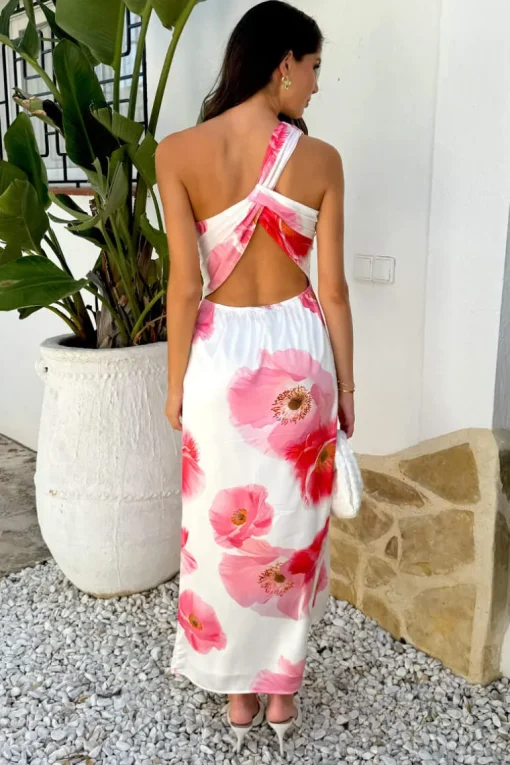 Cream And Pink Floral Print One Shoulder Open Back Twist Detail Midi Dress