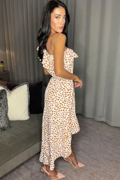 Cream And Tan Print One Shoulder Frill Detail Dipped Hem Dress