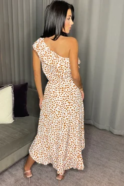 Cream And Tan Print One Shoulder Frill Detail Dipped Hem Dress