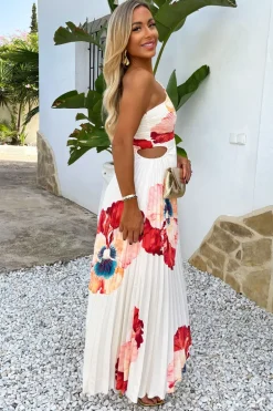 Cream Bold Floral Print One Shoulder Cut Out Pleated Midi Dress