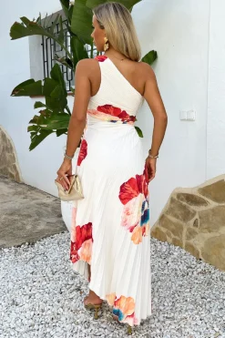 Cream Bold Floral Print One Shoulder Cut Out Pleated Midi Dress