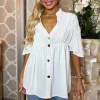Cream Button Up Ruched Detail Smock V-Neck Top