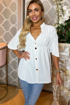 Cream Button Up Ruched Detail Smock V-Neck Top