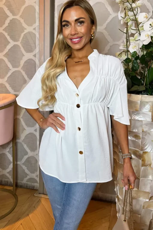 Cream Button Up Ruched Detail Smock V-Neck Top