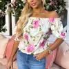 Cream Floral Print Elasticated Off The Shoulder Frill Detail Top