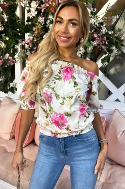 Cream Floral Print Elasticated Off The Shoulder Frill Detail Top
