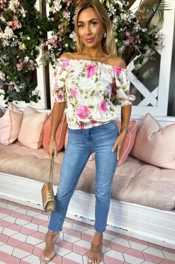 Cream Floral Print Elasticated Off The Shoulder Frill Detail Top