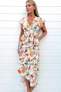 Cream Floral Print Short Sleeve Belted Wrap Midi Dress
