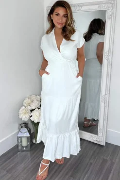 Cream Short Sleeved V-Neck Midi Smock Dress