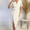 Cream Wrap Top Belted Short Sleeve Plisse Midi Dress
