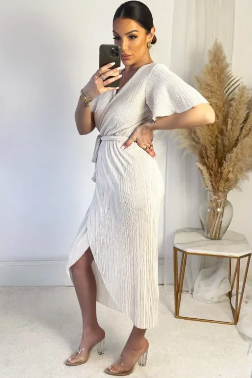 Cream Wrap Top Belted Short Sleeve Plisse Midi Dress