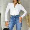 Cream Wrap Top Long Sleeve Slinky Bodysuit