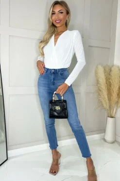 Cream Wrap Top Long Sleeve Slinky Bodysuit