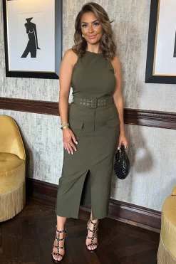 Dark Khaki Round Neck Belted Bodycon Cargo Midi Dress