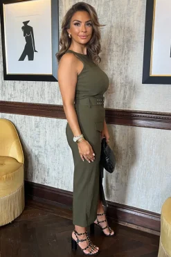 Dark Khaki Round Neck Belted Bodycon Cargo Midi Dress