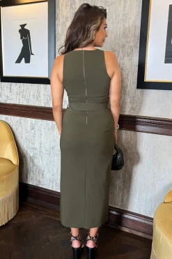 Dark Khaki Round Neck Belted Bodycon Cargo Midi Dress