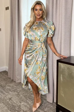 Duck Egg Floral Print Puff Sleeve Gathered Side Midi Dress