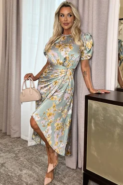 Duck Egg Floral Print Puff Sleeve Gathered Side Midi Dress