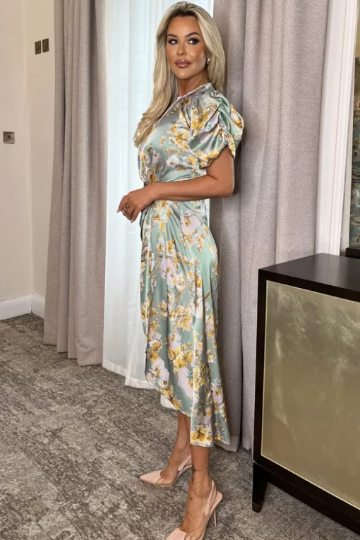 Duck Egg Floral Print Puff Sleeve Gathered Side Midi Dress