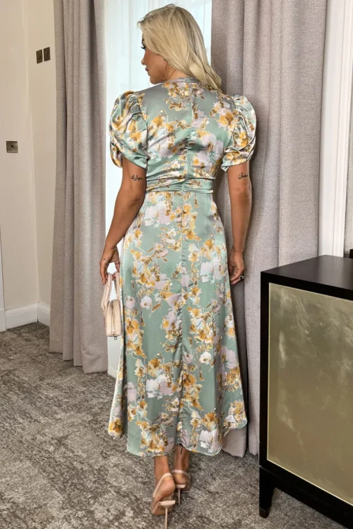 Duck Egg Floral Print Puff Sleeve Gathered Side Midi Dress