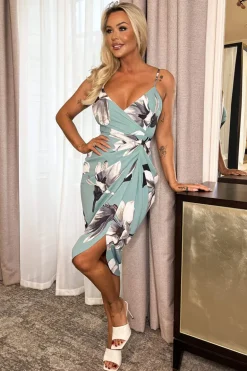 Duck Egg Floral Print Strappy Wrap Top Gathered Skirt Midi Dress