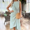 Duck Egg Gathered Midi Dress With Shoulder Pads