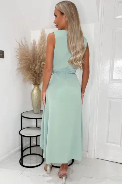 Duck Egg Gathered Midi Dress With Shoulder Pads