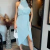 Duck Egg Halter Neck Dipped Hem Midi Dress