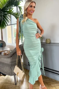 Duck Egg One Shoulder Ruched Asymmetrical Frill Midi Dress With Flower Details