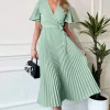 Duck Egg Pleated Midi Dress with Tie Waist