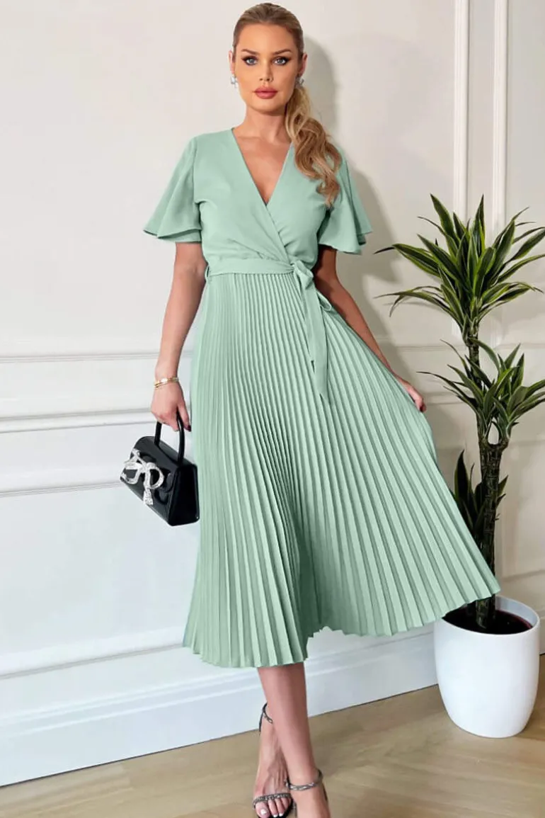 Duck Egg Pleated Midi Dress with Tie Waist