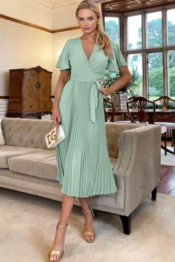 Duck Egg Pleated Midi Dress with Tie Waist