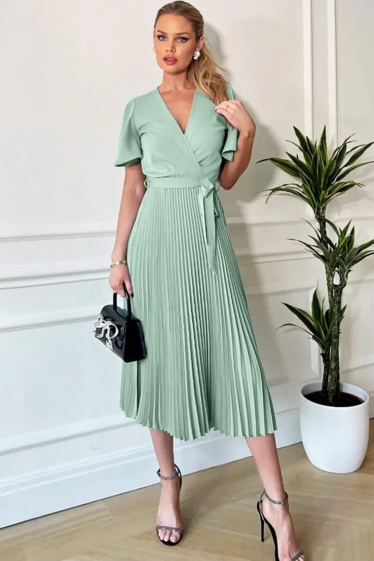 Duck Egg Pleated Midi Dress with Tie Waist