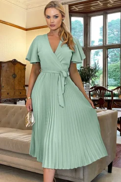 Duck Egg Pleated Midi Dress with Tie Waist
