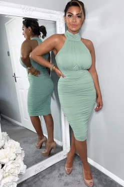 Duck Egg Ruched High Neck Midi Dress
