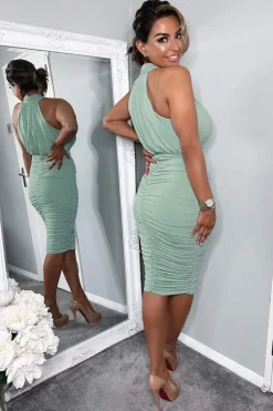 Duck Egg Ruched High Neck Midi Dress
