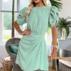 Duck Egg Short Puff Sleeve Drape Skirt Mini Dress