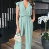 Duck Egg Wrap Top Flutter Sleeve Belted Jumpsuit