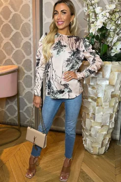 Dusty Pink Printed Ruched Sleeve Top