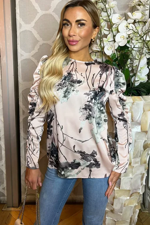 Dusty Pink Printed Ruched Sleeve Top