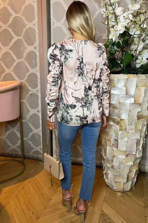 Dusty Pink Printed Ruched Sleeve Top